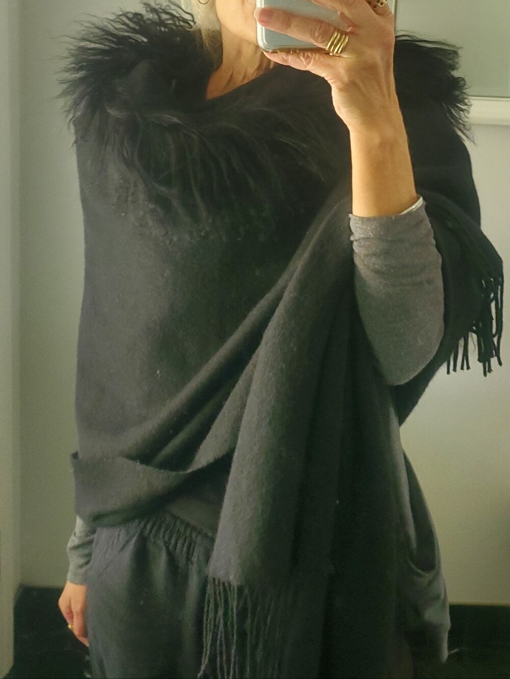 Large Wool Cashmere Black Mongolian Lamb Fur Trim Poncho Shawl Cape Scarf Wrap
